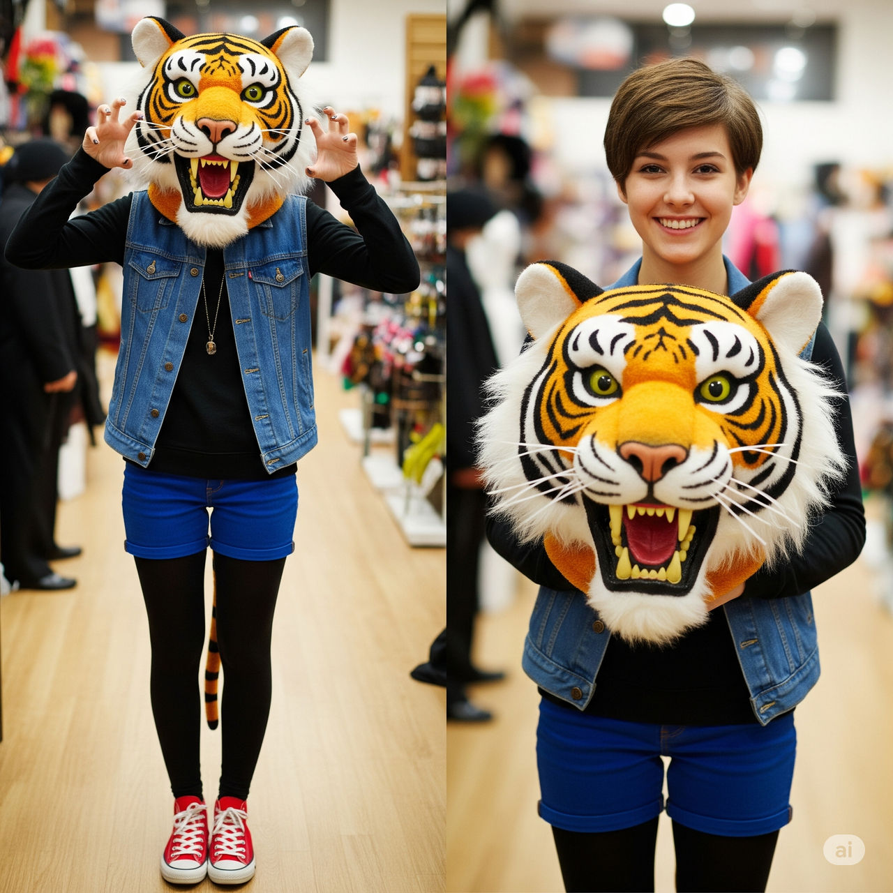 girl wearing a tiger mascot head