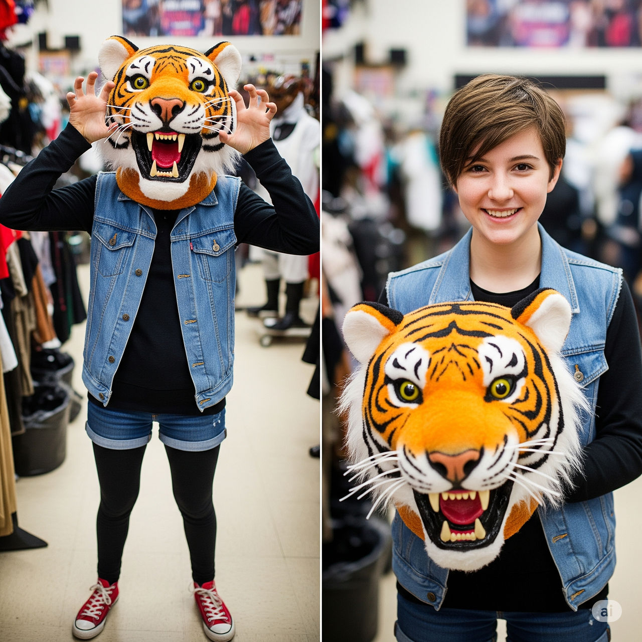 girl wearing a tiger mascot head