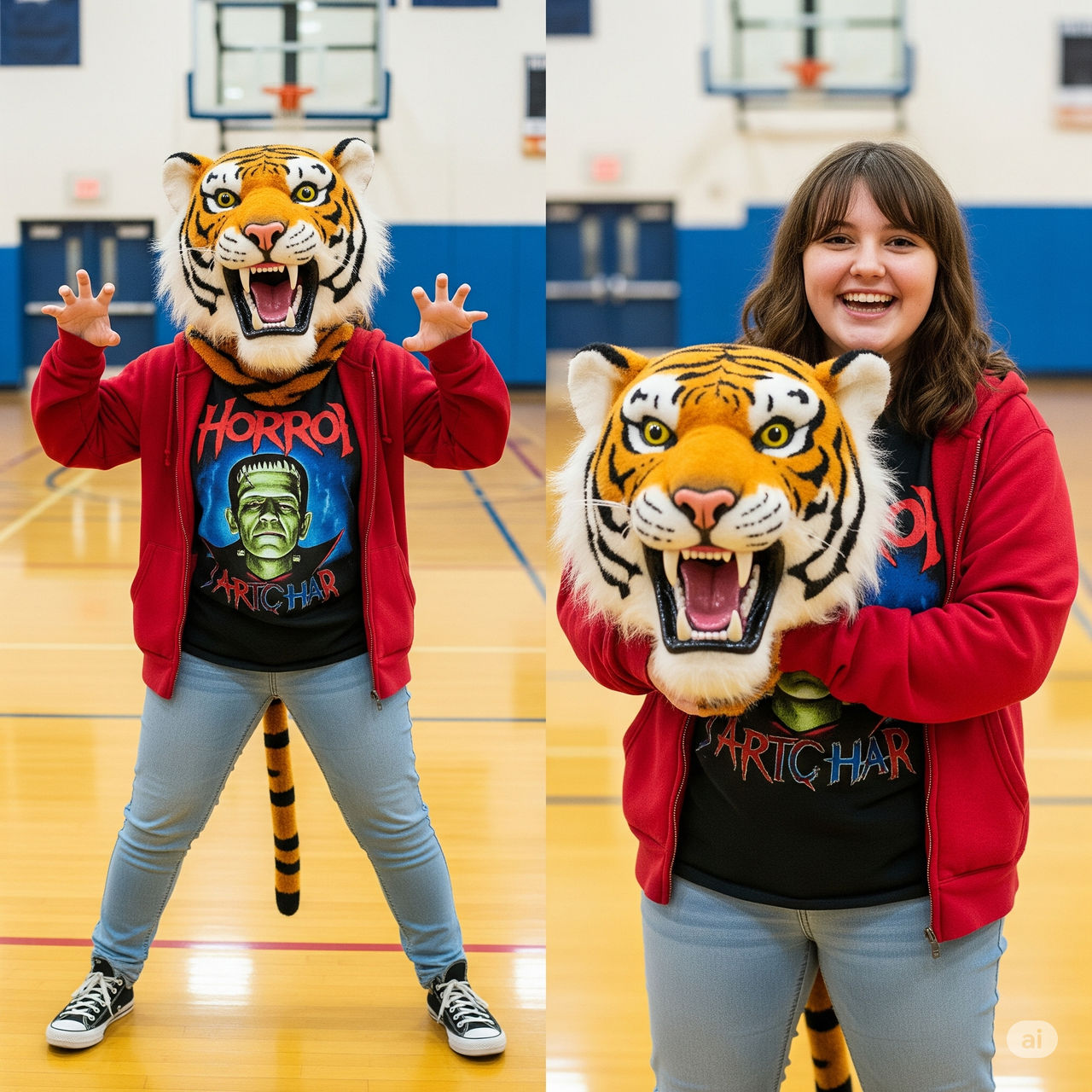 girl wearing a tiger mascot head
