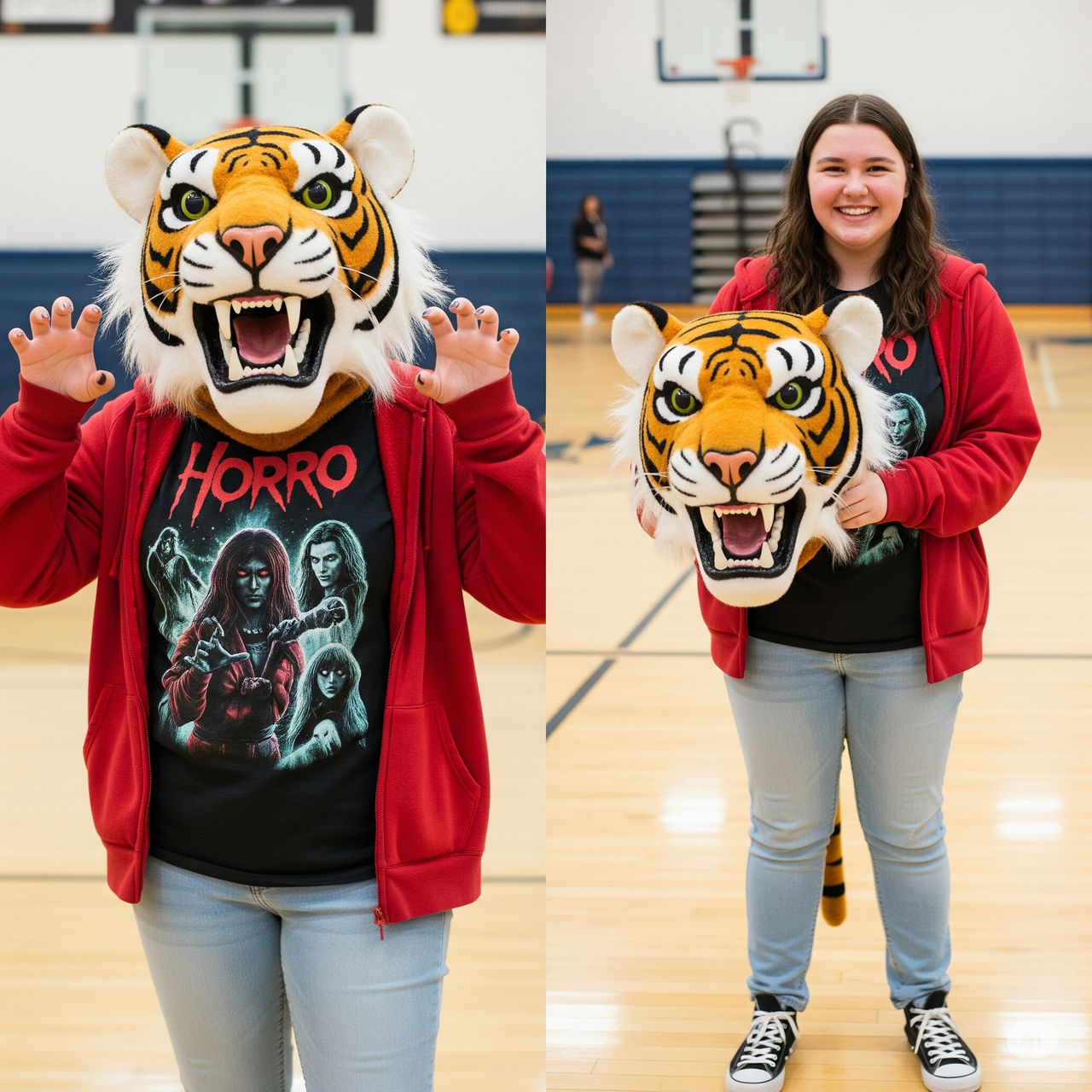 girl wearing a tiger mascot head