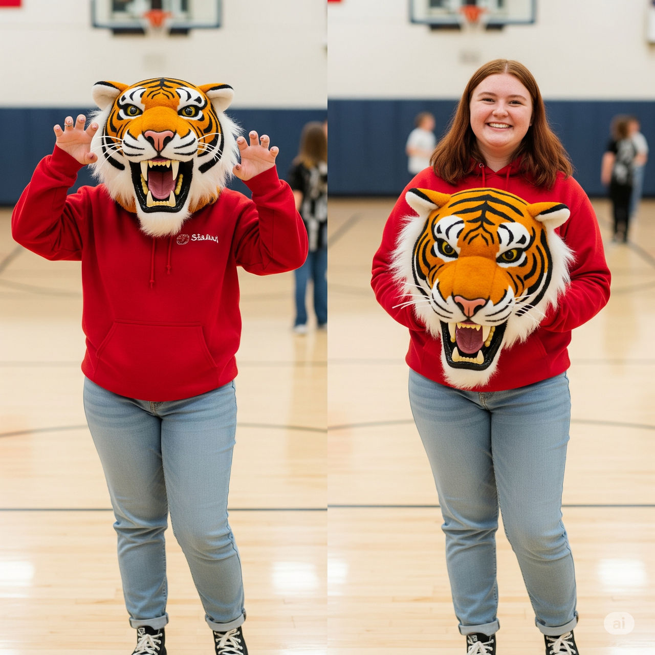 girl wearing a tiger mascot head