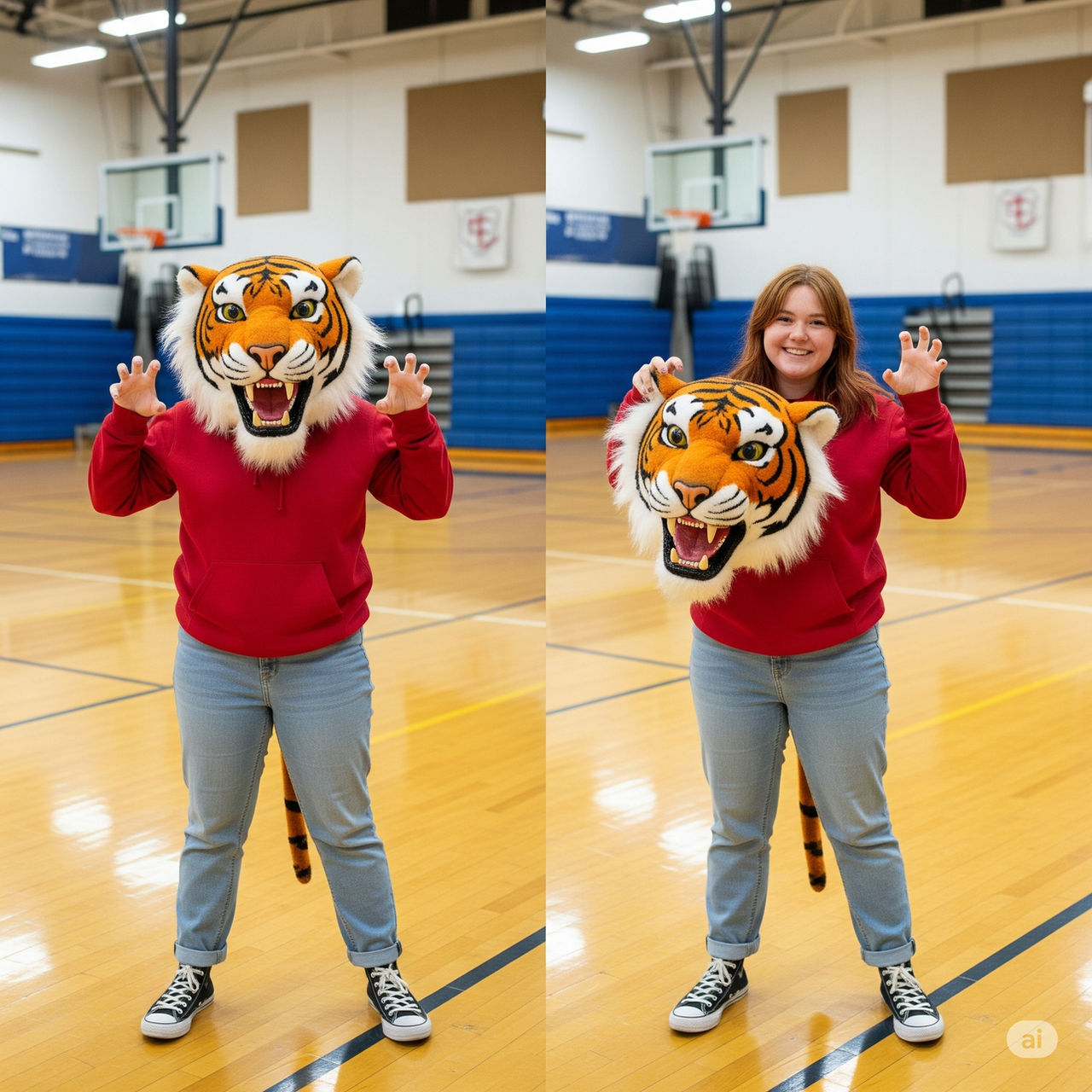 girl wearing a tiger mascot head