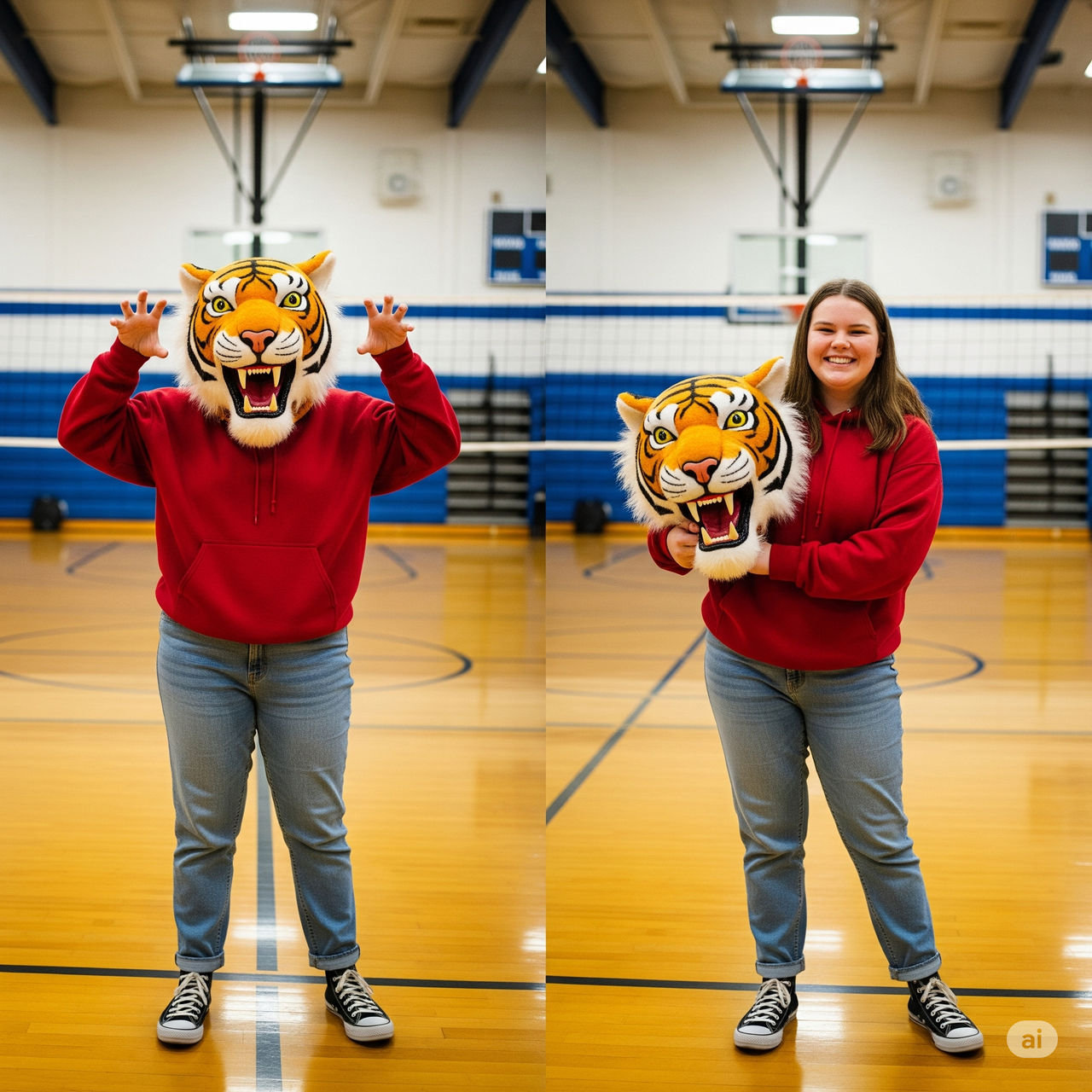 girl wearing a tiger mascot head