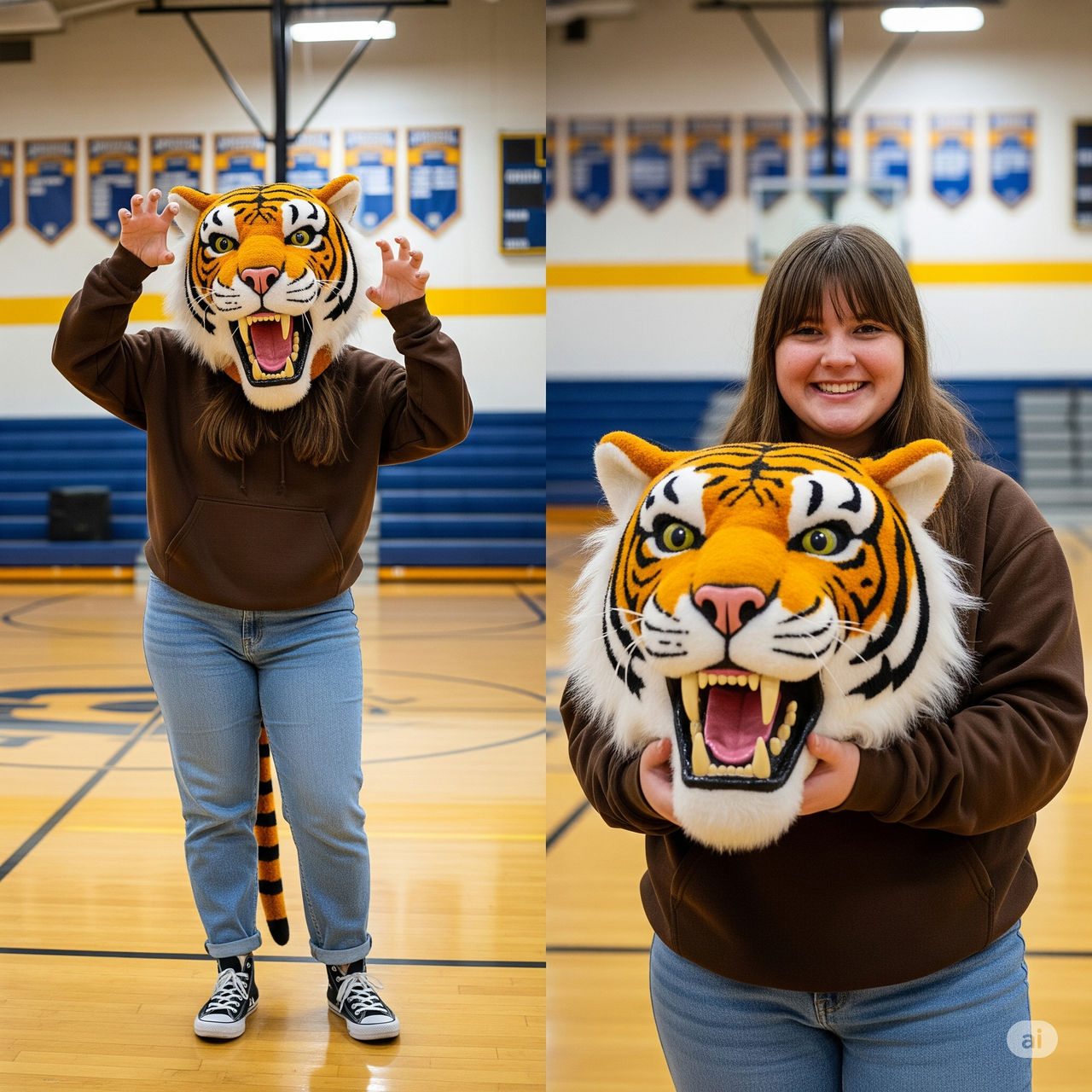 girl wearing a tiger mascot head