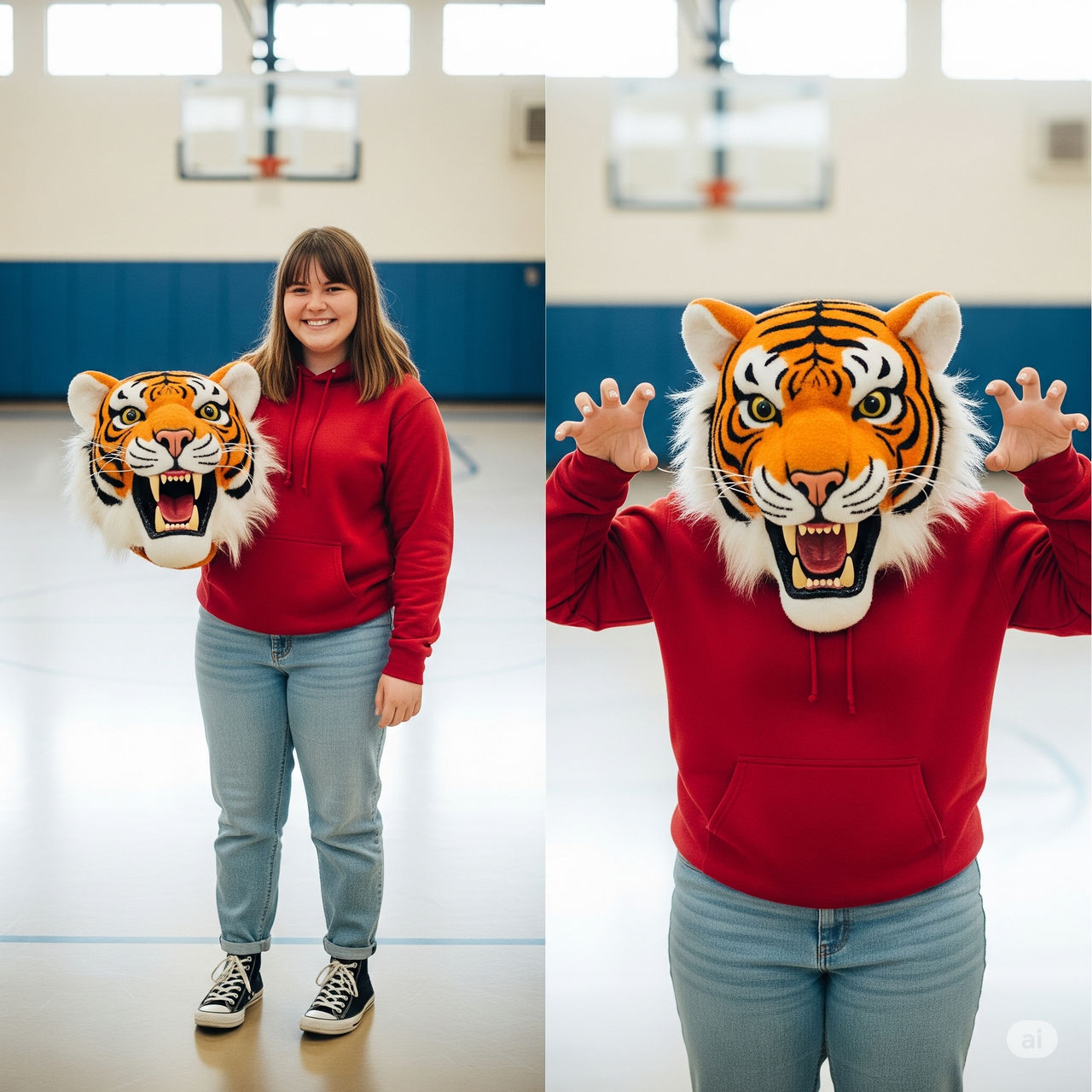 girl wearing a tiger mascot head