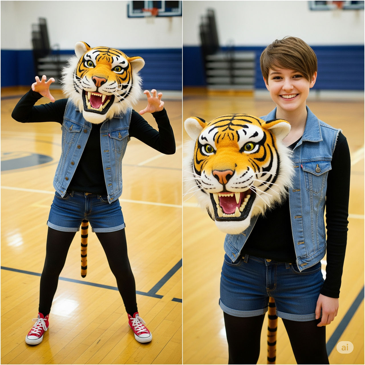 girl wearing a tiger mascot head