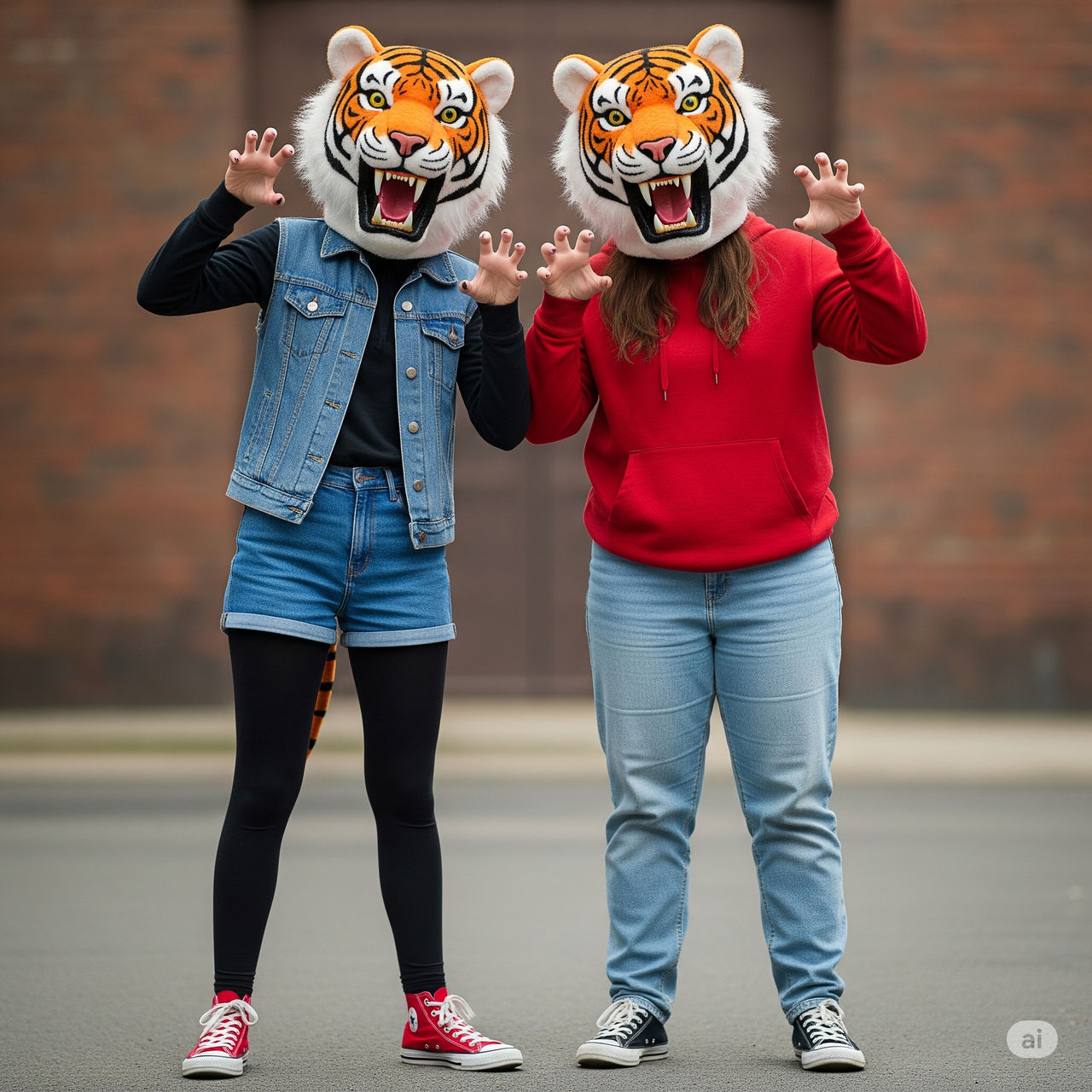 two girls wearing tiger mascot heads