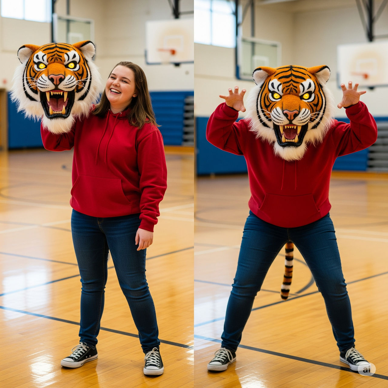 girl wearing a tiger mascot head