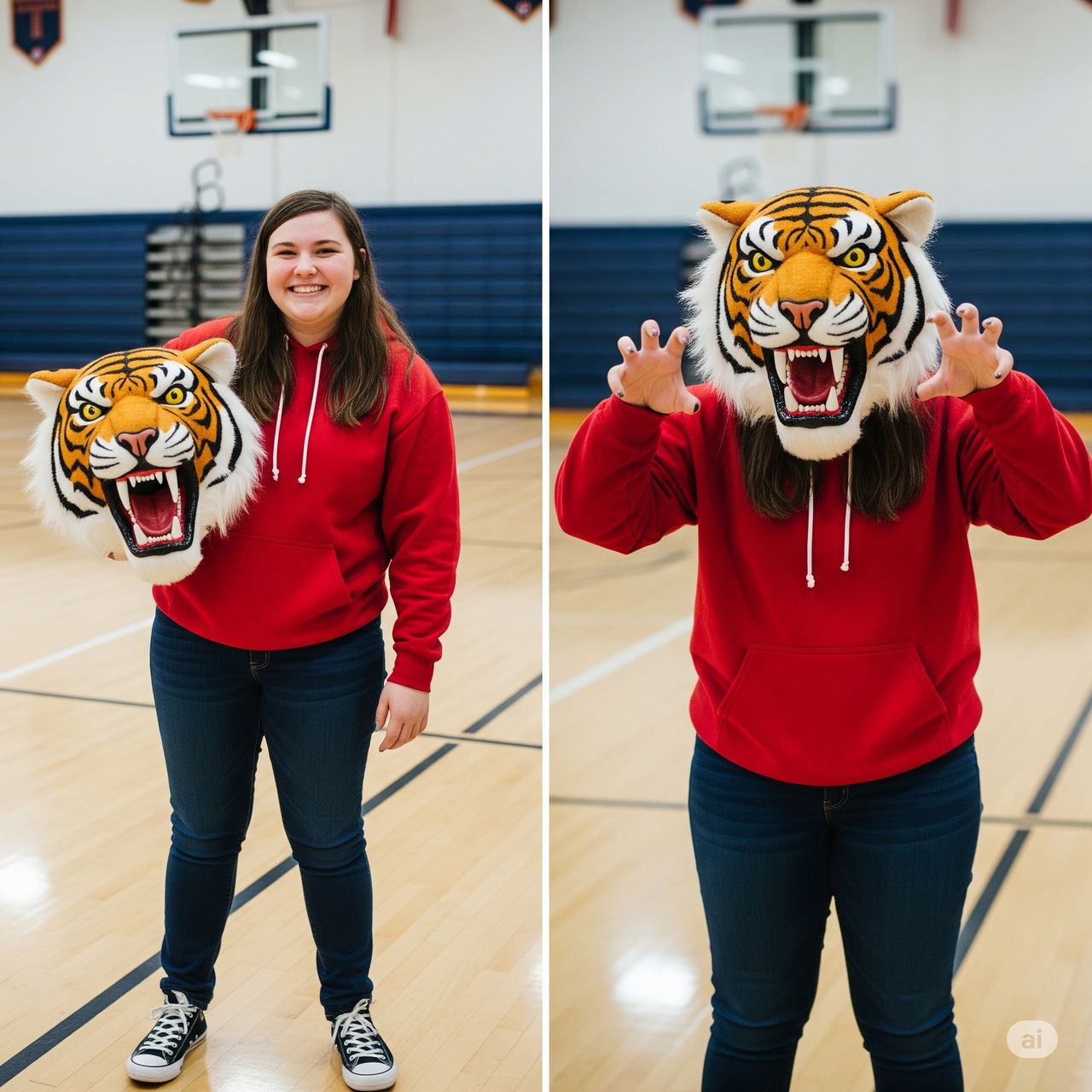 girl wearing a tiger mascot head