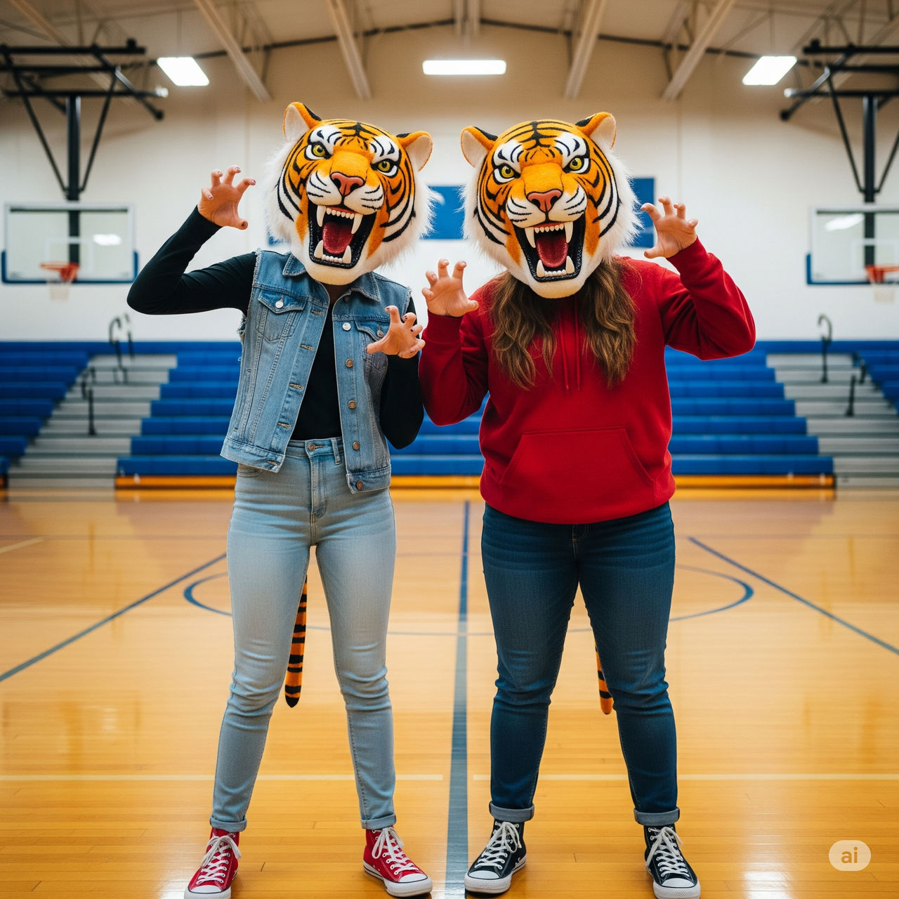two girls wearing tiger mascot heads
