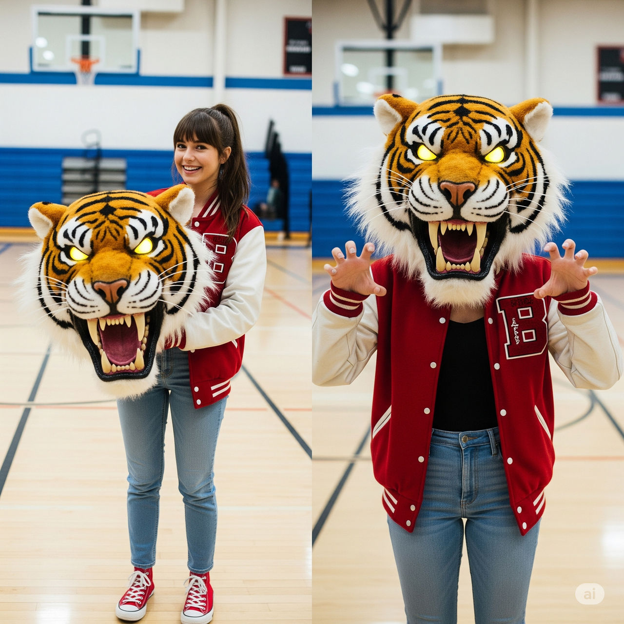 girl wearing a tiger mascot head