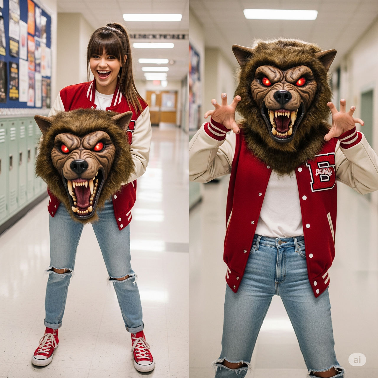 girl wearing a werewolf mascot head