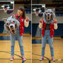 girl wearing a werewolf mascot head