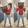 girl wearing a werewolf mascot head