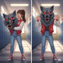 girl wearing a werewolf mascot head