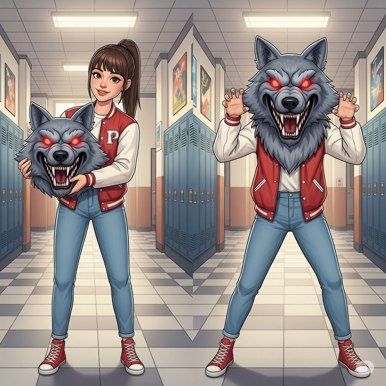 girl wearing a werewolf mascot head
