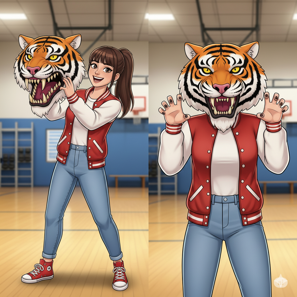 girl wearing a tiger mascot head
