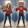 girl wearing a tiger mascot head