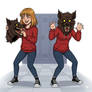 girl wearing a werewolf mascot head