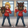 girl wearing a werewolf mascot head