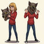 girl wearing a werewolf mascot head