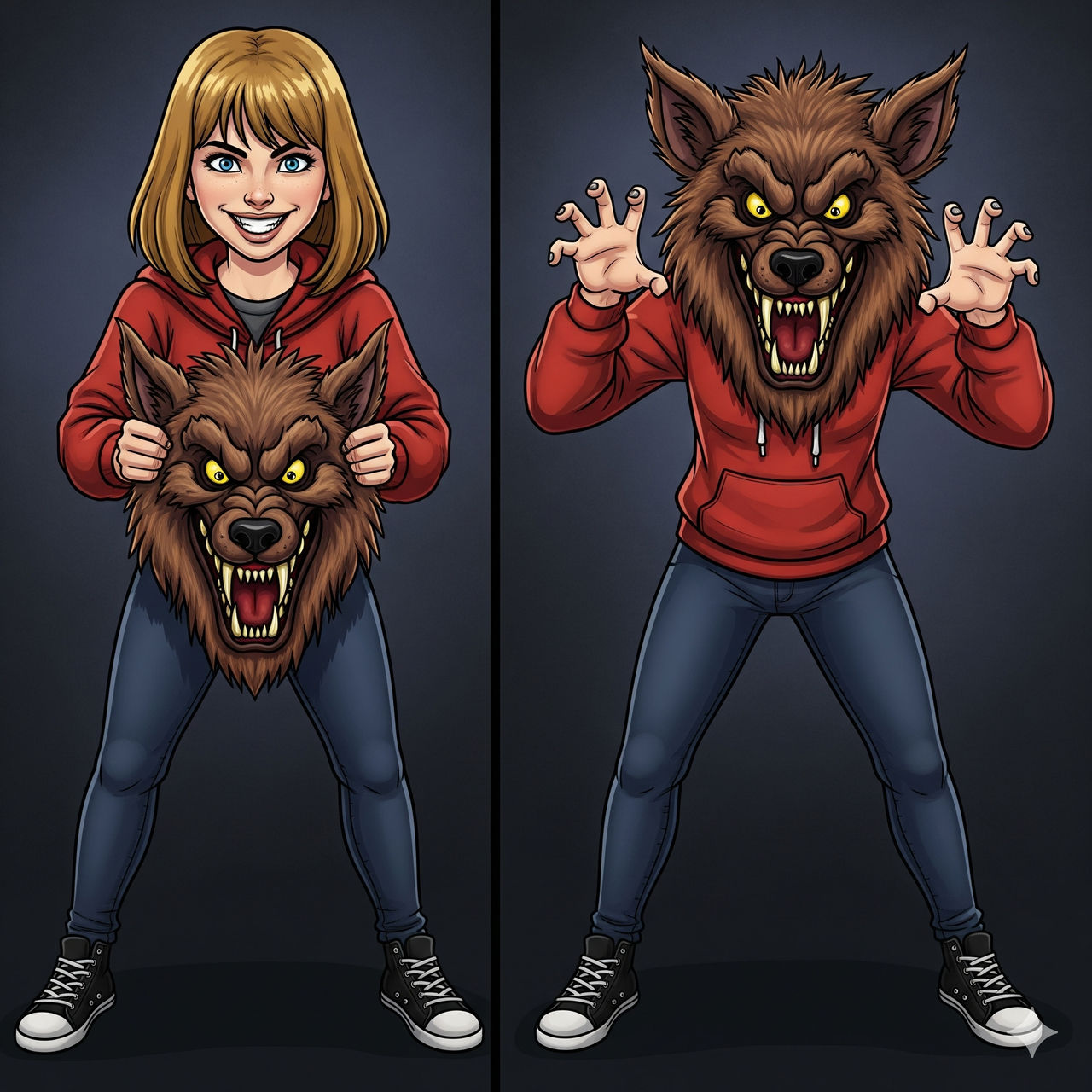 girl wearing a werewolf mascot head