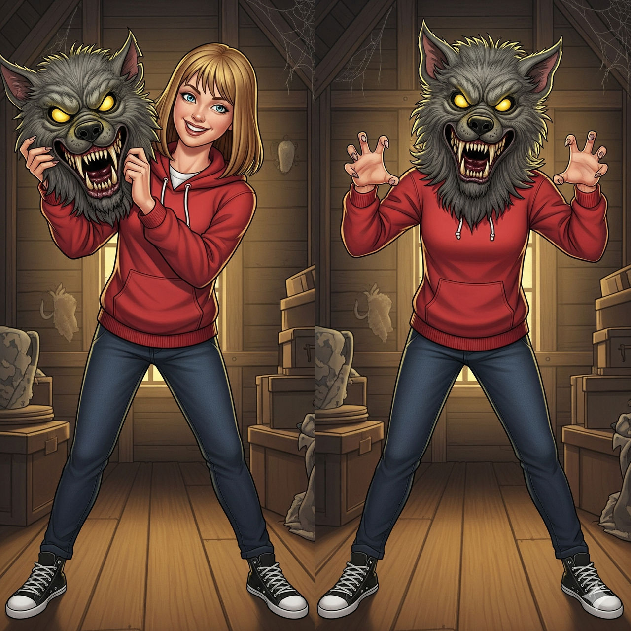 girl wearing a werewolf mascot head