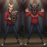 girl wearing a werewolf mascot head