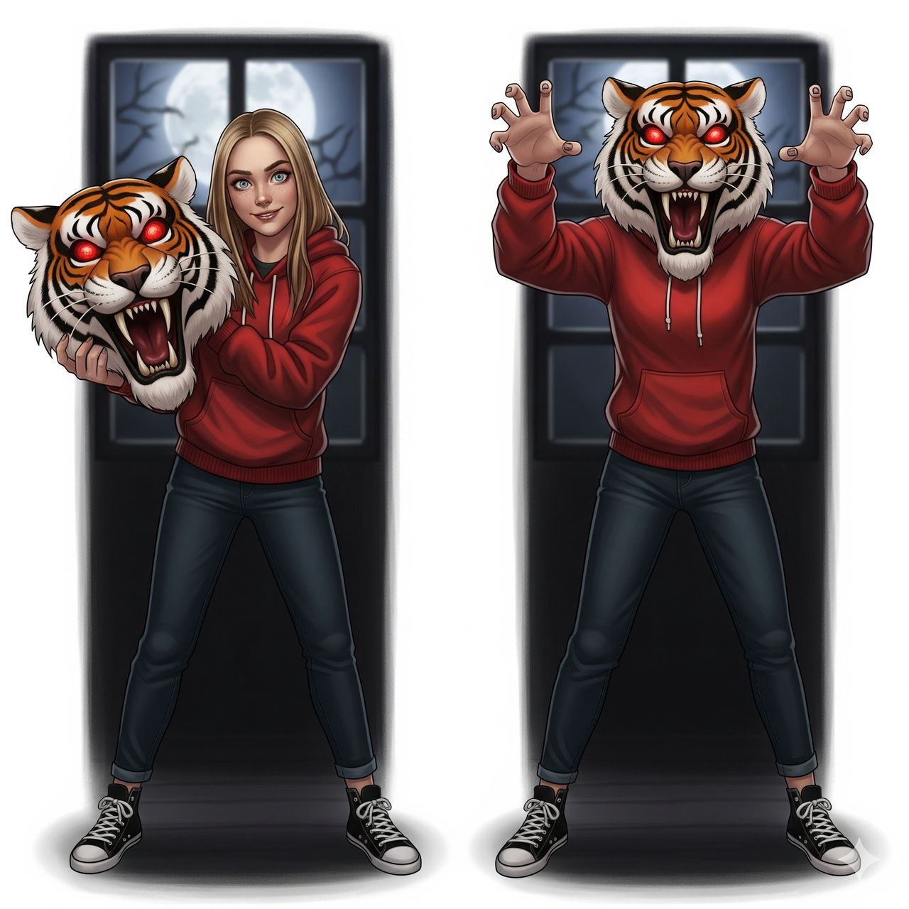 girl wearing a tiger mascot head