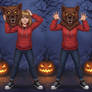 girl wearing a werewolf mascot head