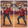 girl wearing a tiger mascot head