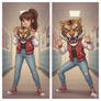 girl wearing a tiger mascot head
