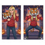 girl wearing a tiger mascot head