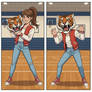 girl wearing a tiger mascot head