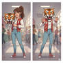 girl wearing a tiger mascot head