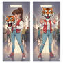 girl wearing a tiger mascot head