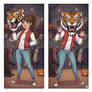 girl wearing a tiger mascot head