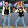 Wendy Harris wearing a tiger mascot head