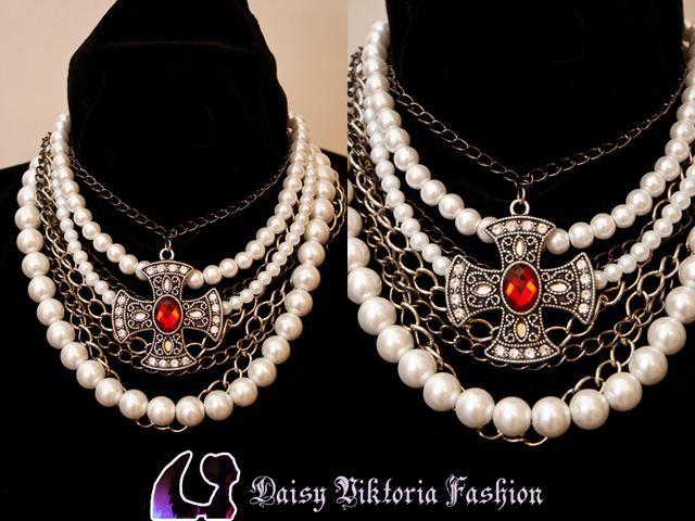 Gothic Cross Necklace With Chains and Pearls