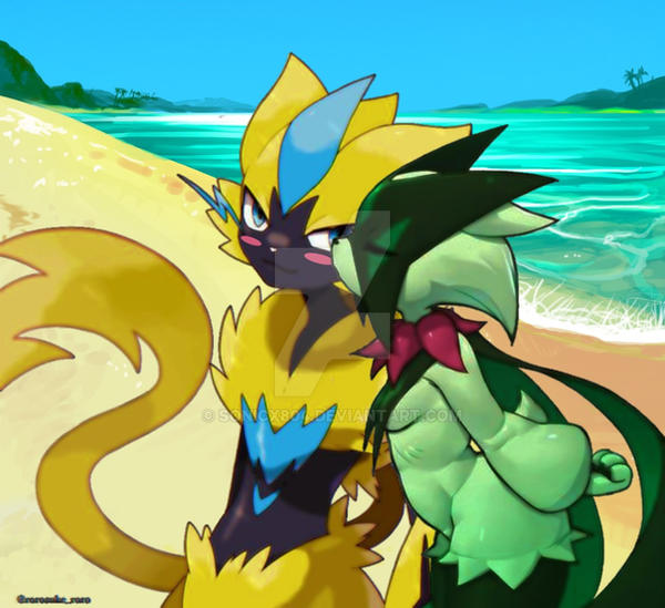 Meowscarada kiss Zeraora on the Cheek