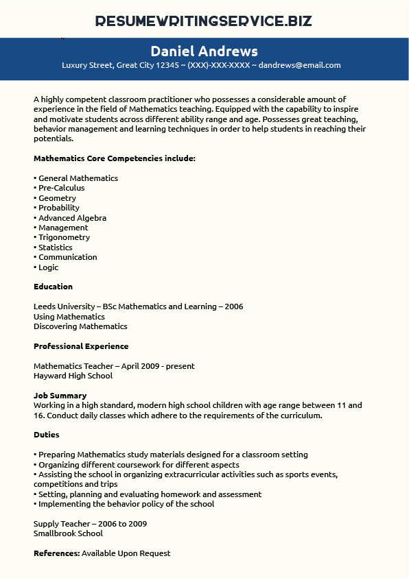 Maths Teacher Resume Sample