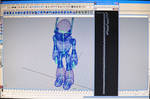 The robot Blue, skeleton showing, already bound.