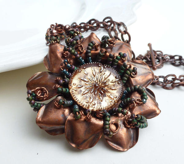 Green and brown copper flower necklace