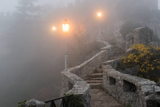 Foggy Castle Steps Stock