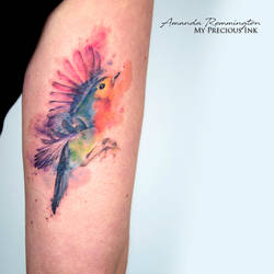 Freehand watercolor rainbow Robin tattoo