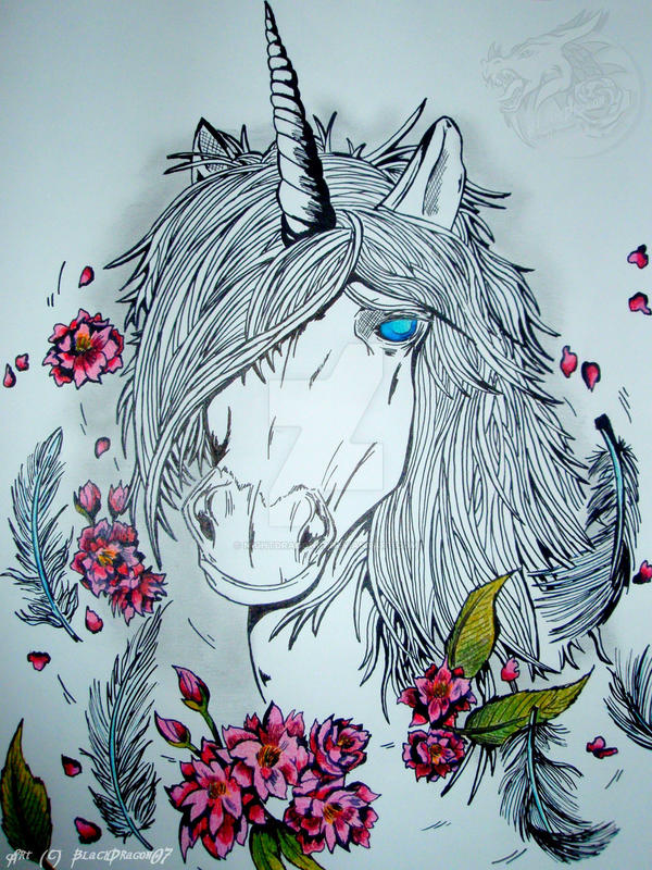 [Indian Ink art] Unicorn and Japanese cherry trees