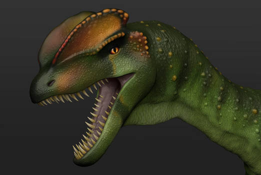 Dilophosaurus model head close-up