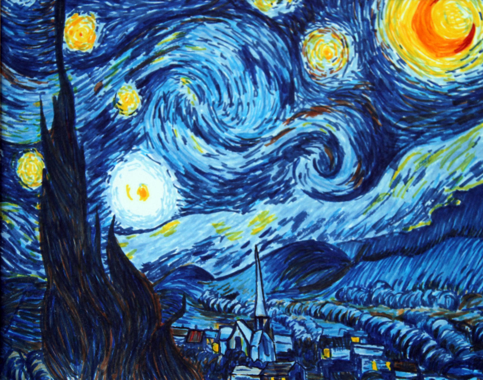 Starry Night Van Gogh Marker Drawing - John Gordon by JohnGordonArt on