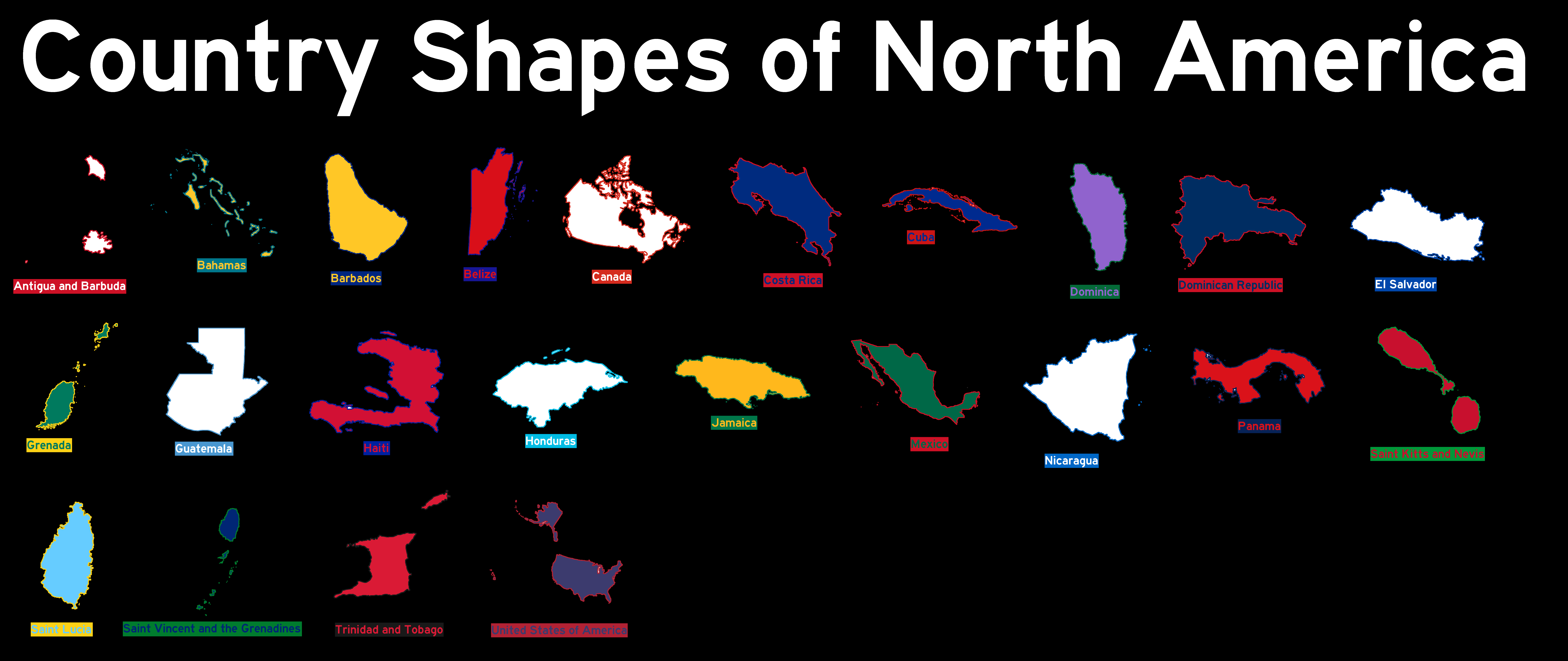 Country Shapes of North America (Black Background) by ...