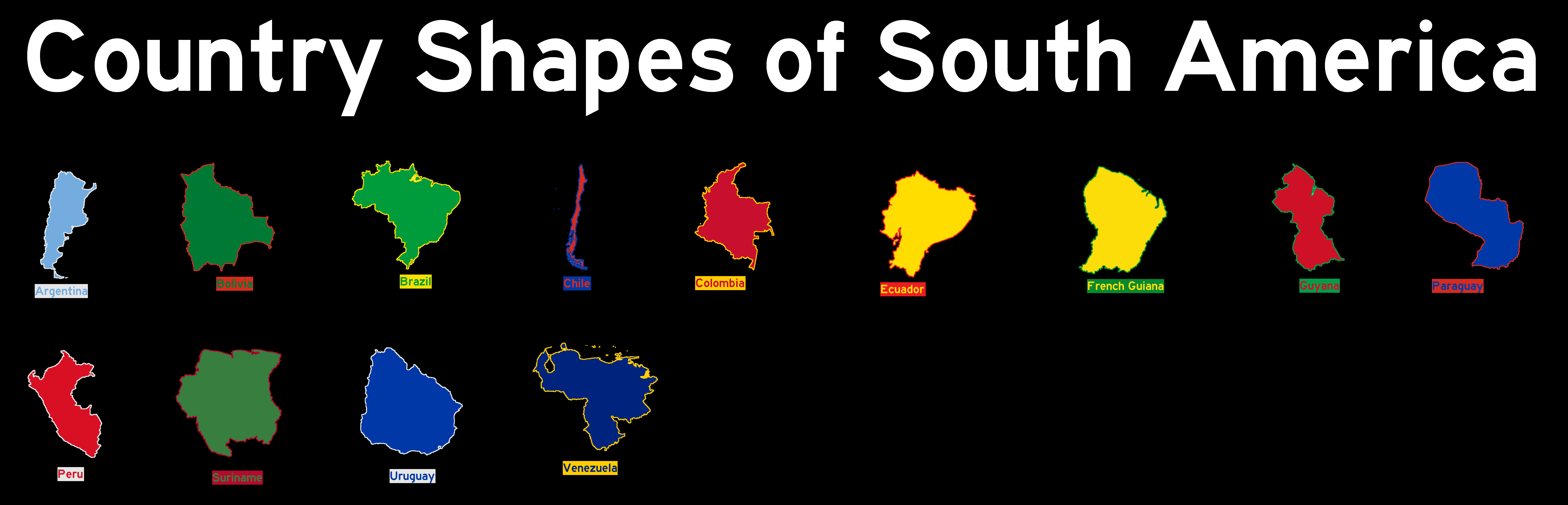 Country Shapes of South America (Black Background) by ...